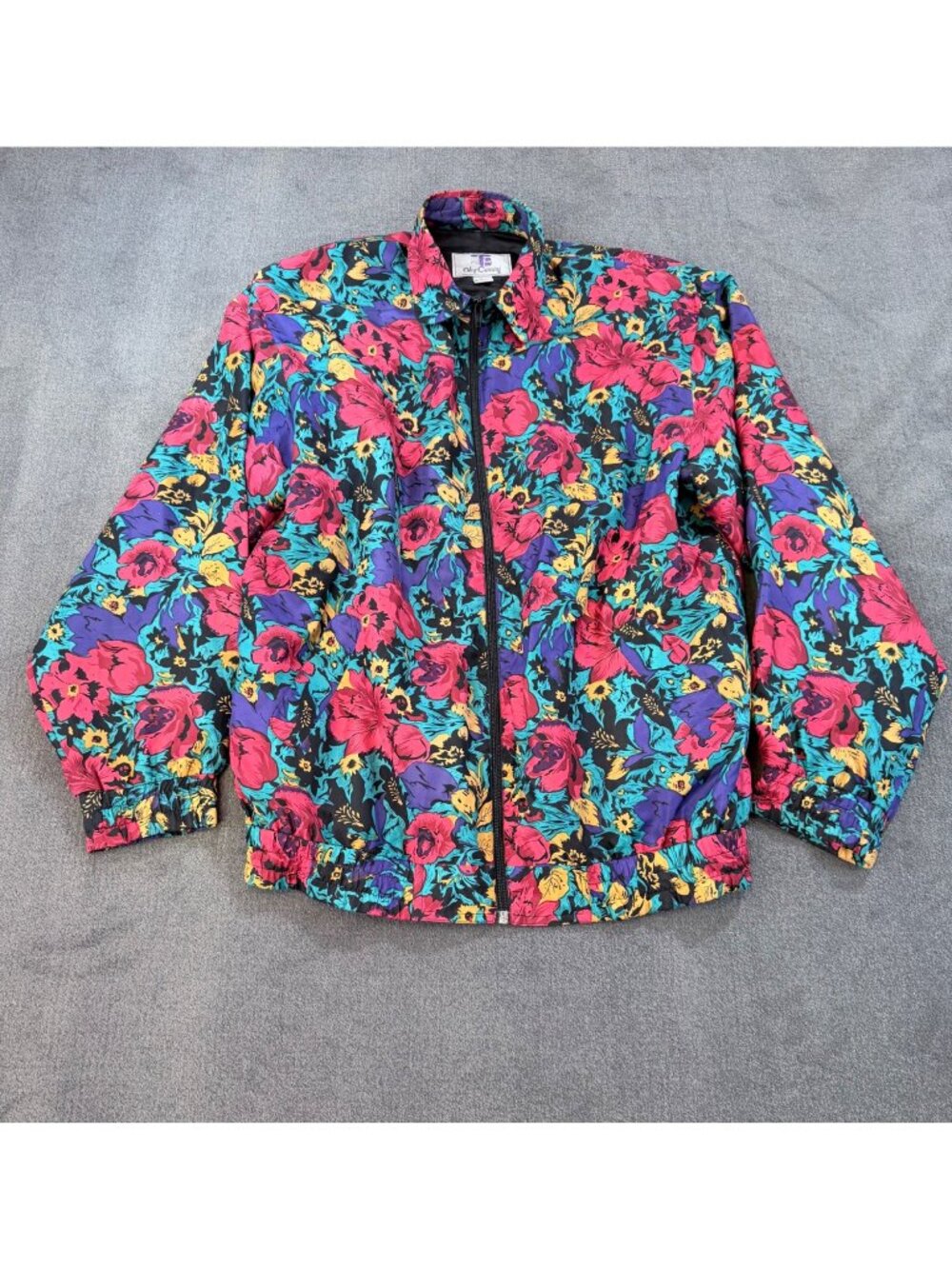 80s 90s Oleg Cassini 100% Silk Floral Windbreaker Bomber Jacket VTG Lg